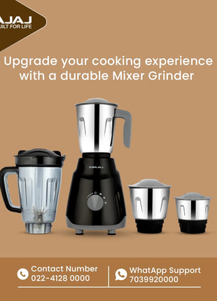 Bajaj Rex Ninja Series 4 Jar 500W Mixer Grinder | DuraCut Blades | 2-In-1 Function Blade In Dry Jar | 2 Yrs Warranty 【Black/Grey】 