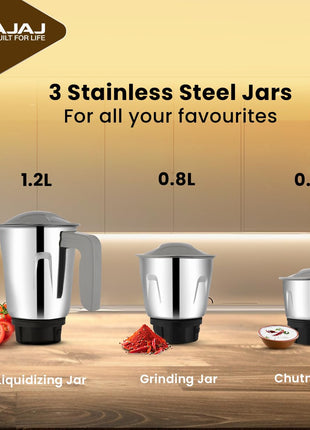 Bajaj Rex Ninja Series 4 Jar 500W Mixer Grinder | DuraCut Blades | 2-In-1 Function Blade In Dry Jar | 2 Yrs Warranty 【Black/Grey】 