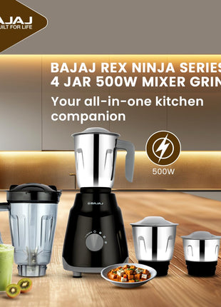 Bajaj Rex Ninja Series 4 Jar 500W Mixer Grinder | DuraCut Blades | 2-In-1 Function Blade In Dry Jar | 2 Yrs Warranty 【Black/Grey】 