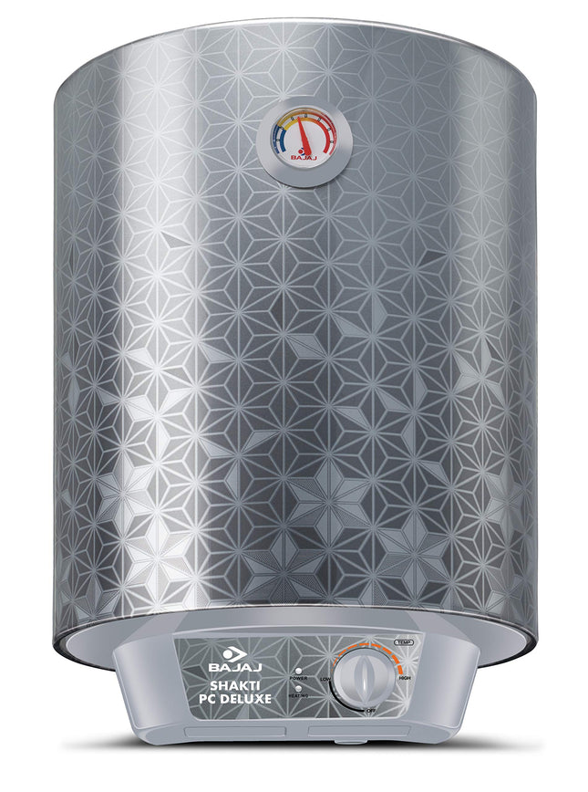 Bajaj Shakti PC Deluxe Storage 15 Litre Vertical Water Heater | BEE 4 Star Rated Geyser for Bathroom & Kitchen | Swirl Flow Technology | Titanium Armour Technology | 2 Years Warranty 【Grey】 