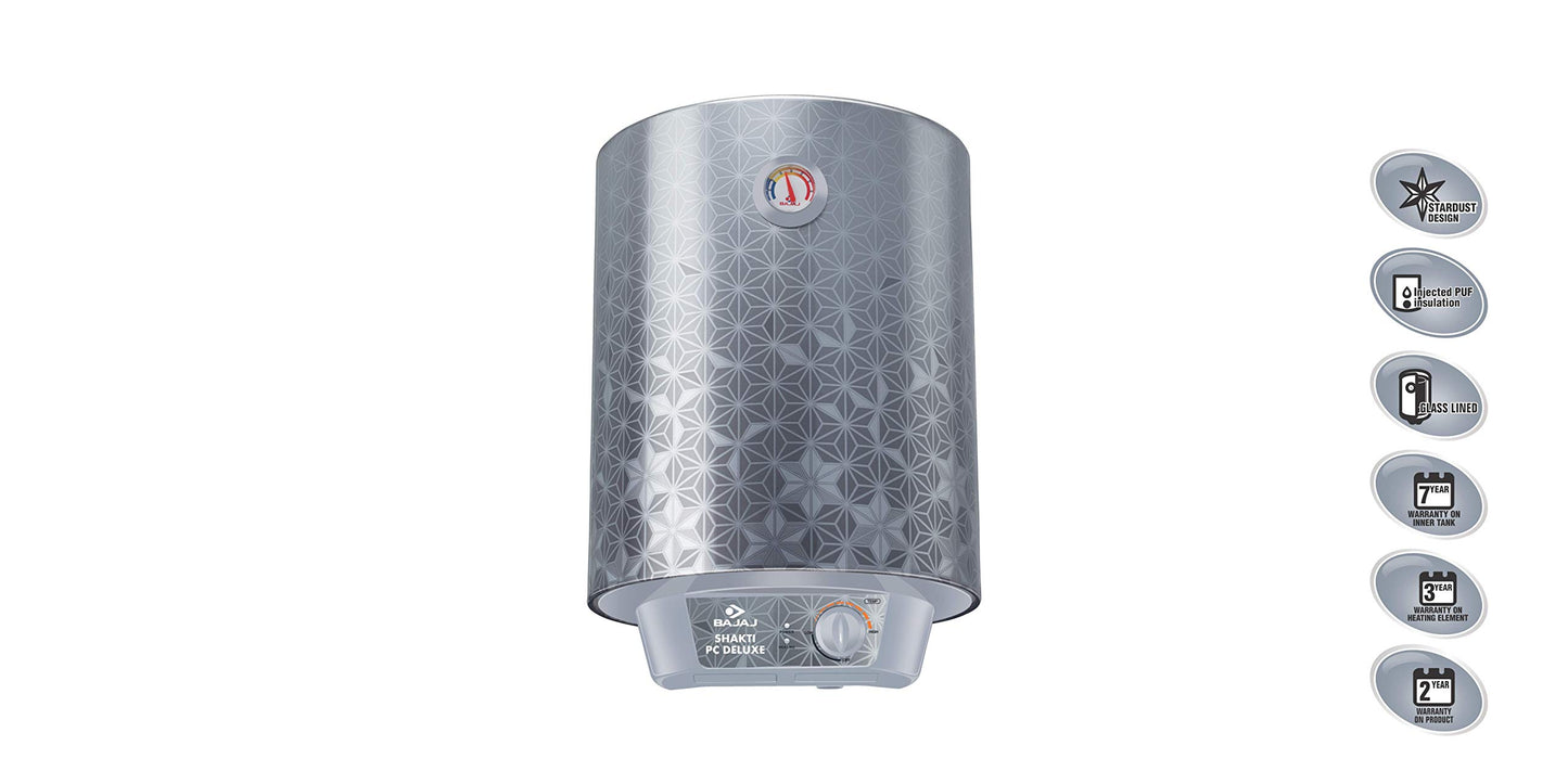 Bajaj Shakti PC Deluxe Storage 15 Litre Vertical Water Heater | BEE 4 Star Rated Geyser for Bathroom & Kitchen | Swirl Flow Technology | Titanium Armour Technology | 2 Years Warranty 【Grey】 