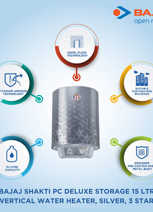 Bajaj Shakti PC Deluxe Storage 15 Litre Vertical Water Heater | BEE 4 Star Rated Geyser for Bathroom & Kitchen | Swirl Flow Technology | Titanium Armour Technology | 2 Years Warranty 【Grey】 