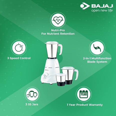Bajaj Shield Series New Shakti 10L Vertical Storage Water Heater Titanium Armour 4 Star BEE Rated & Bajaj Rex Mixer Grinder 500W Nutri-Pro 3 SS Jars White 