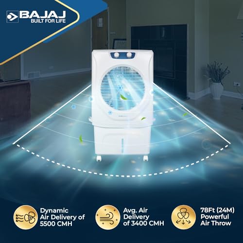 Bajaj Shield Series Velar 70L Desert Air Cooler For Home | Inverter Compatible | 80Ft Air Throw | Dual Side Water Inlet | Ice Chamber | 3 Yrs Warranty (1 Yr Standard + 2 Yrs Extended Warranty)【White】 