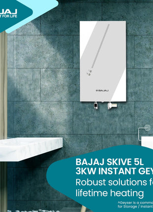 Bajaj Skive 5 Litre Instant Water Heater for home| High Grade SS Tank| Multiple Safety System| Suitable for High Rise| Shock Resistant| Rust Proof Outer| 5-Year* Tank Warranty by Bajaj 【White】 
