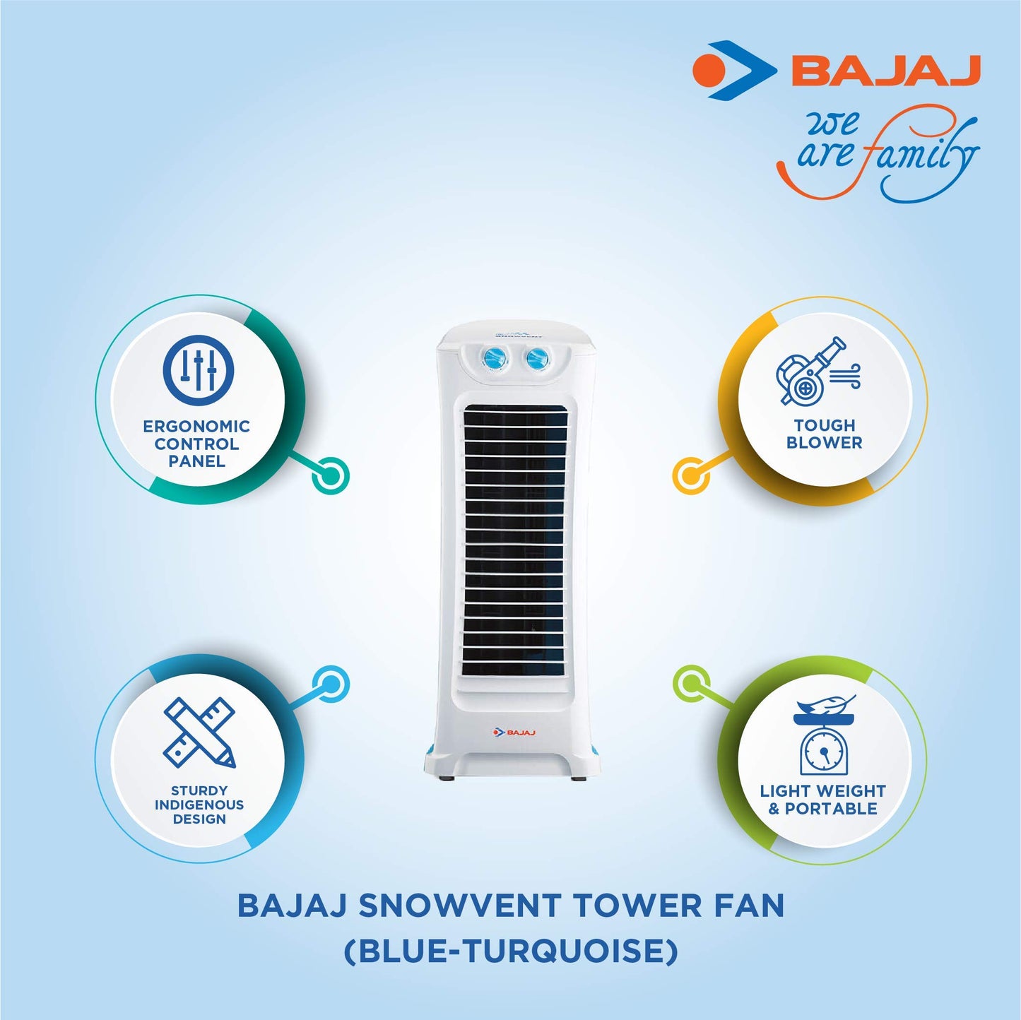 Bajaj Snowvent Tower Fan For Home| Lightweight Portable Tower AC| Tough Blower With 3 Speed Control| Cooler for home| High Air Throw with Swing Control|1- Year Warranty By Bajaj|Blue-Turquoise|1200 mm 