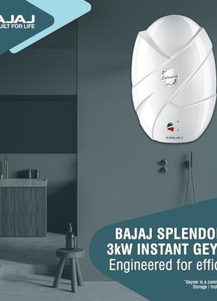 Bajaj Splendora 3L 3KW Vertical Instant Water Heater for Home | Geyser for Bathroom & Kitchen | High Grade SS Tank | Copper Heating Element | 5 Years Tank Warranty by Bajaj【White】 