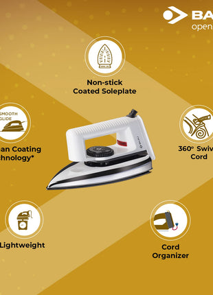 Bajaj Stainless Steel Popular Light Weight 1000W Dry Iron with Advance Soleplate and Anti Bacterial German Coating Technology, White, 1000 Watts 