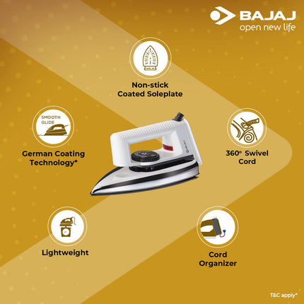 Bajaj Stainless Steel Popular Light Weight 1000W Dry Iron with Advance Soleplate and Anti Bacterial German Coating Technology, White, 1000 Watts 