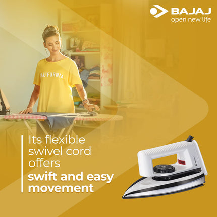 Bajaj Stainless Steel Popular Light Weight 1000W Dry Iron with Advance Soleplate and Anti Bacterial German Coating Technology, White, 1000 Watts 