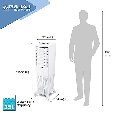 Bajaj TMH35 35L Tower Air Cooler with DuraMarine Pump (2-Yr Warranty by Bajaj), Ice Chamber, Anti-Bacterial Hexacool Master, Typhoon Blower Technology, Portable AC, White Air Cooler for Home 