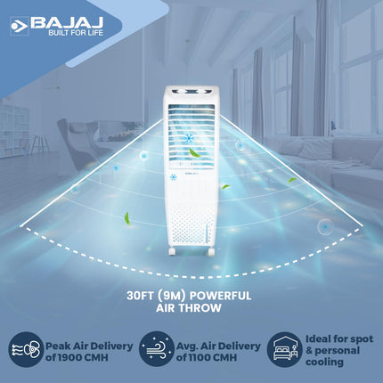 Bajaj TMH35 35L Tower Air Cooler with DuraMarine Pump (2-Yr Warranty by Bajaj), Ice Chamber, Anti-Bacterial Hexacool Master, Typhoon Blower Technology, Portable AC, White Air Cooler for Home 