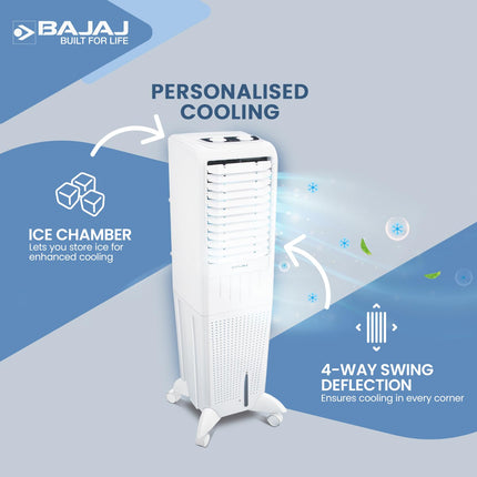 Bajaj TMH35 35L Tower Air Cooler with DuraMarine Pump (2-Yr Warranty by Bajaj), Ice Chamber, Anti-Bacterial Hexacool Master, Typhoon Blower Technology, Portable AC, White Air Cooler for Home 