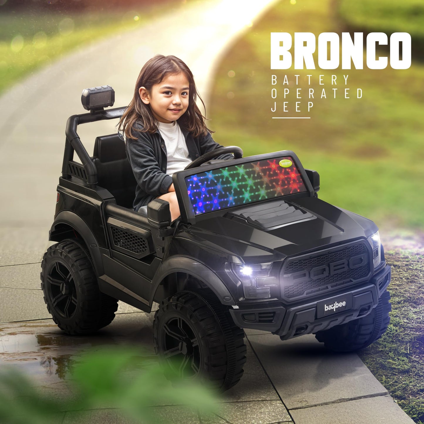 Baybee Bronco Battery Operated Jeep for Kids, Ride on Toy Kids Car with RGB Windshield Light & Music | Electric Jeep Battery Car | Baby Big Car for Kids to Drive 3 to 8 Years Boys Girls (Black) 