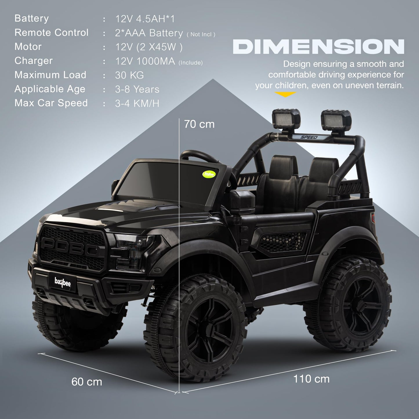 Baybee Bronco Battery Operated Jeep for Kids, Ride on Toy Kids Car with RGB Windshield Light & Music | Electric Jeep Battery Car | Baby Big Car for Kids to Drive 3 to 8 Years Boys Girls (Black) 