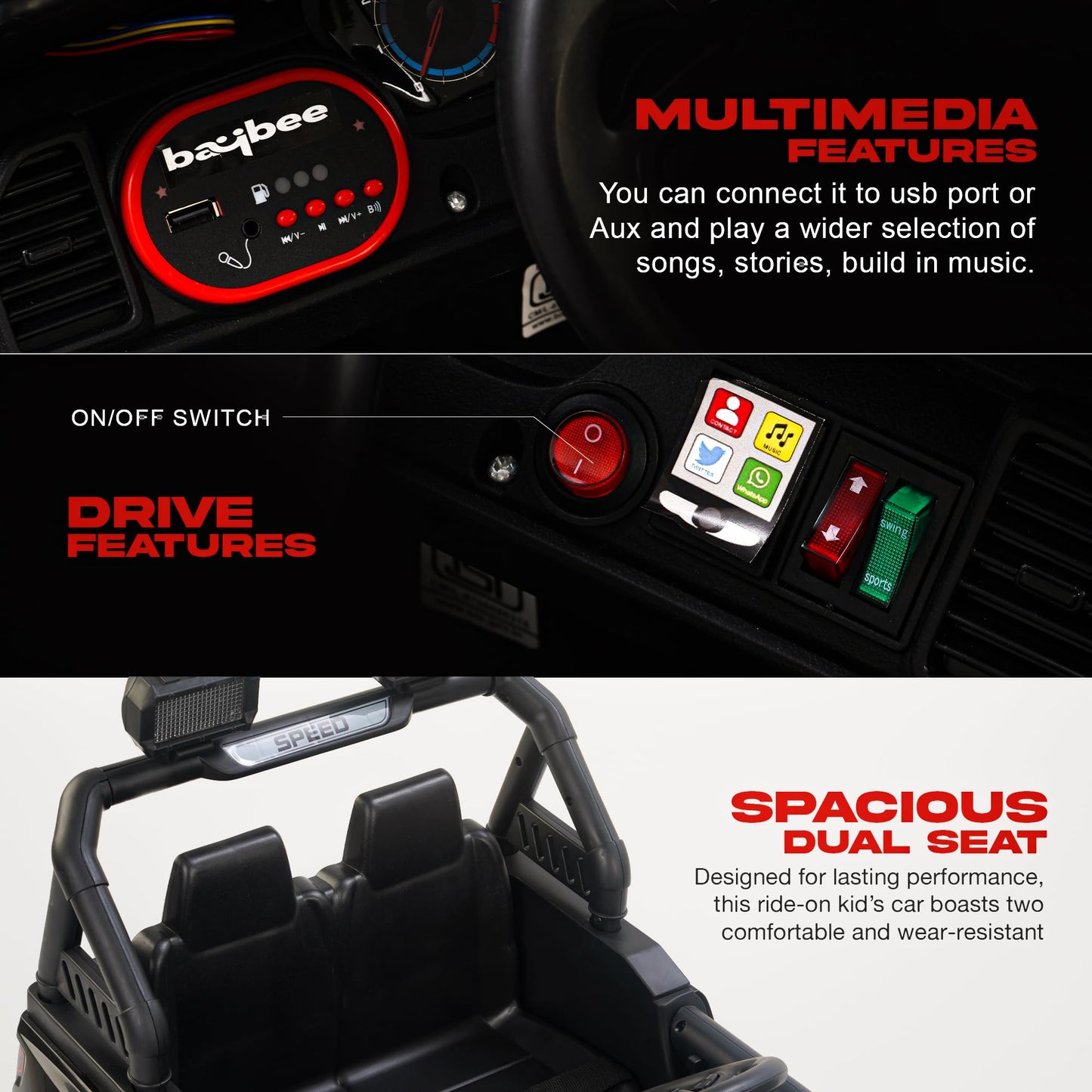 Baybee Bronco Battery Operated Jeep for Kids, Ride on Toy Kids Car with RGB Windshield Light & Music | Electric Jeep Battery Car | Baby Big Car for Kids to Drive 3 to 8 Years Boys Girls (Black) 