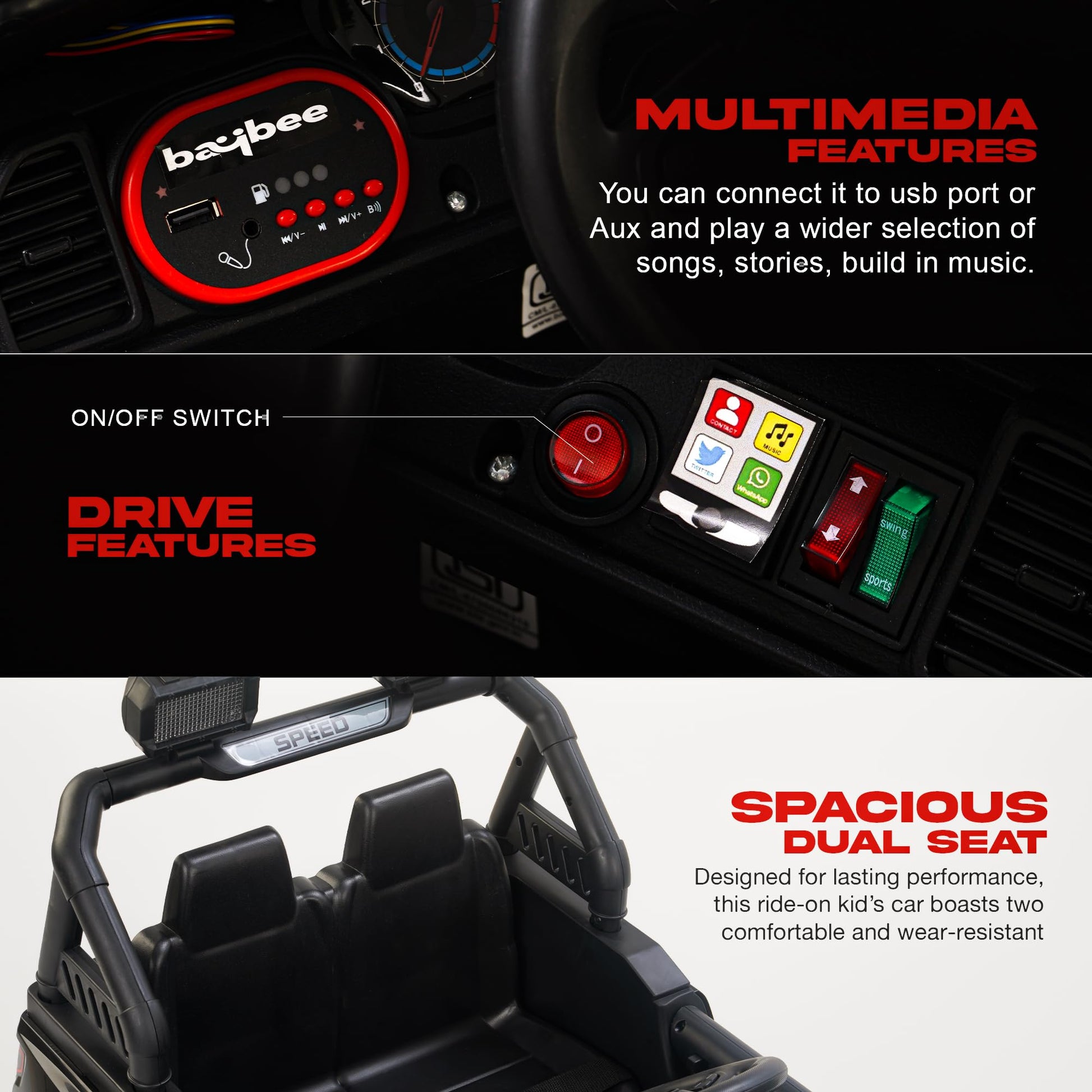 Baybee Bronco Battery Operated Jeep for Kids, Ride on Toy Kids Car with RGB Windshield Light & Music | Electric Jeep Battery Car | Baby Big Car for Kids to Drive 3 to 8 Years Boys Girls (Black) 