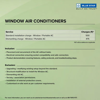 Blue Star 0.8 Ton 3 Star Fixed Speed Window AC (Copper, Turbo Cool, Fan Modes-Auto/High/Medium/Low, Hydrophilic Blue Fins, Dust Filters, Self-Diagnosis, WFD309L, White) 