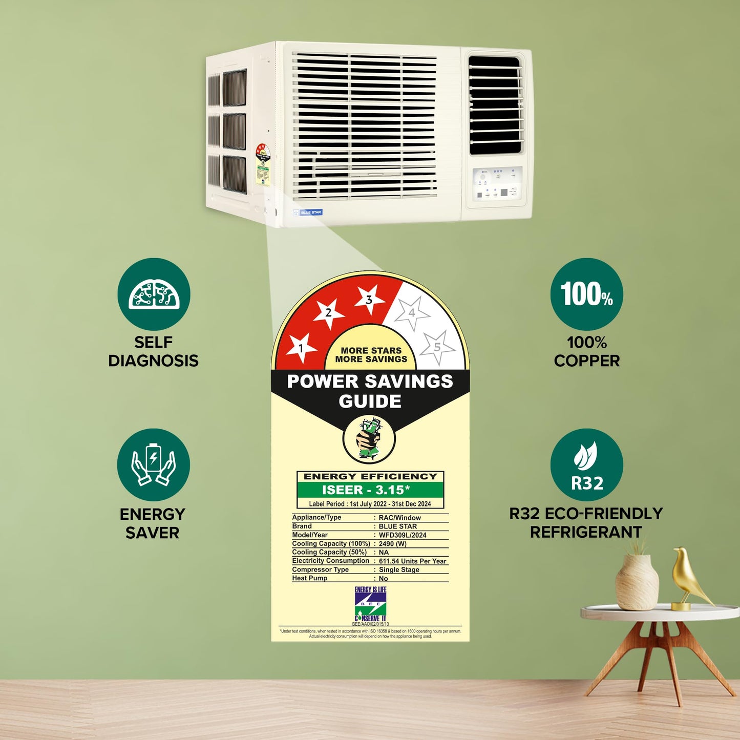 Blue Star 0.8 Ton 3 Star Fixed Speed Window AC (Copper, Turbo Cool, Fan Modes-Auto/High/Medium/Low, Hydrophilic Blue Fins, Dust Filters, Self-Diagnosis, WFD309L, White) 