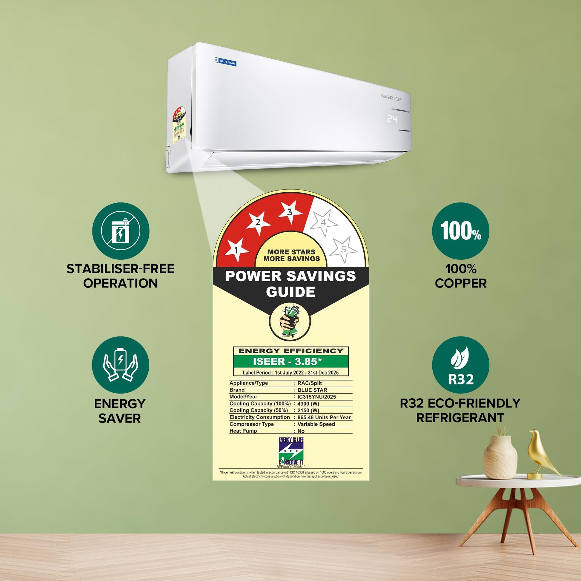 Blue Star 1.3 Ton 3 Star, 60 Months Warranty, Inverter Split AC (Copper,Convertible 5 in 1 Cooling, Auto Defrost, Multi Sensors, Dust Filters, Blue Fins, IC315YNU,White) 