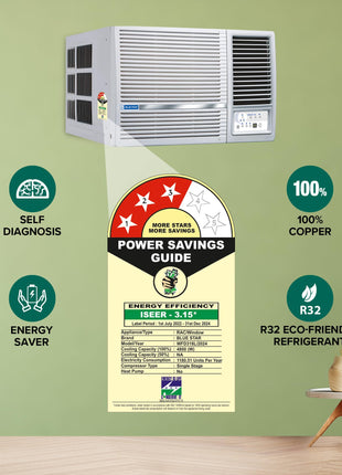 Blue Star 1.5 Ton 3 Star Fixed Speed Window AC (Copper, Turbo Cool, Fan Modes-Auto/High/Medium/Low, Hydrophilic Blue Fins, Dust Filters, Self-Diagnosis, 2024 Model, WFD318L, White) 