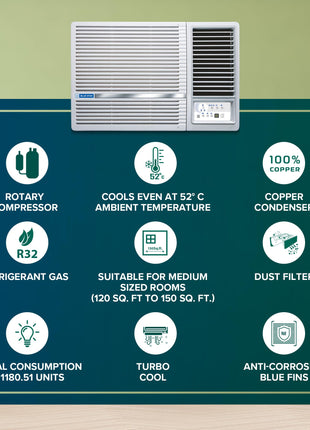 Blue Star 1.5 Ton 3 Star Fixed Speed Window AC (Copper, Turbo Cool, Fan Modes-Auto/High/Medium/Low, Hydrophilic Blue Fins, Dust Filters, Self-Diagnosis, 2024 Model, WFD318L, White) 