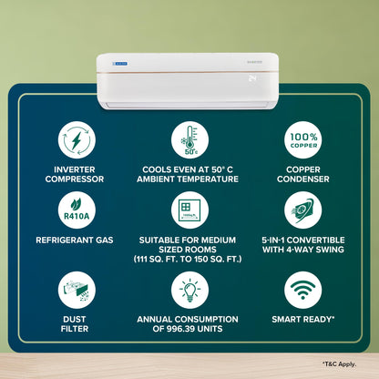 Blue Star 1.5 Ton 3 Star Hot and Cold, 60 Months Warranty, Inverter Split AC (Copper, Convertible 5 in 1 Cooling, Multi Sensors, Dust Filter, IC318VCUHC, White) 