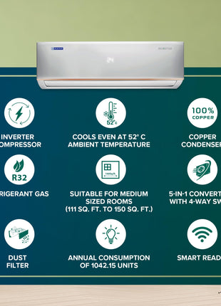 Blue Star 1.5 Ton 3 Star Hot and Cold Inverter Split AC (Copper,Convertible 5 in 1 Cooling, Smart Ready, AI Pro, Multi Sensors, Dust Filter, Blue Fins, Self Diagnosis, IC318DCUHC, White) 