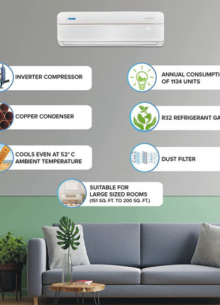 Blue Star 1.7 Ton 3 Star Inverter Split AC (Copper, Convertible 4-in-1 Cooling Mode, 2022 Model, IA319VCU, White) 