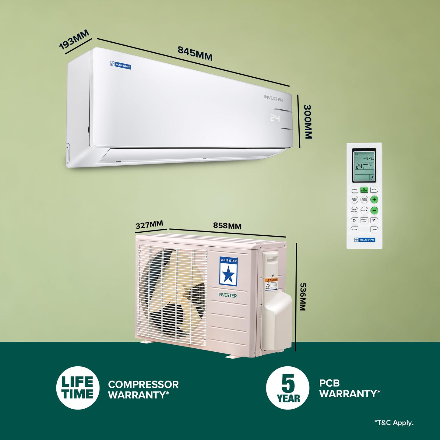 Blue Star 1 Ton 3 Star, 60 Months Warranty, Smart Inverter Split AC (Copper, Convertible 5 in 1 Cooling, Multi Sensors, Blue Fins, Self Diagnosis, ID312YNUS, White) 