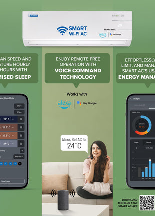 Blue Star 1 Ton 3 Star, 60 Months Warranty, Smart Inverter Split AC (Copper, Convertible 5 in 1 Cooling, Multi Sensors, Blue Fins, Self Diagnosis, ID312YNUS, White) 