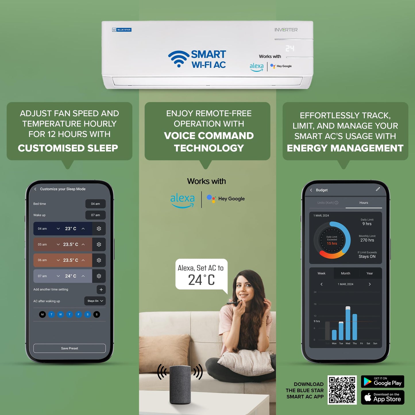 Blue Star 1 Ton 3 Star, 60 Months Warranty, Smart Inverter Split AC (Copper, Convertible 5 in 1 Cooling, Multi Sensors, Blue Fins, Self Diagnosis, ID312YNUS, White) 