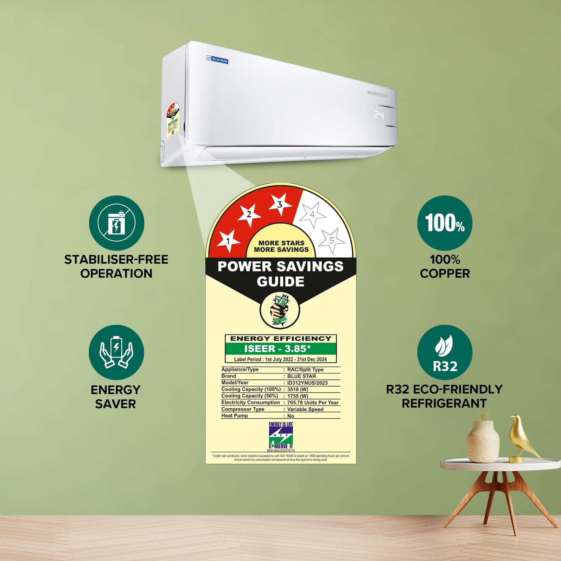 Blue Star 1 Ton 3 Star, 60 Months Warranty, Smart Inverter Split AC (Copper, Convertible 5 in 1 Cooling, Multi Sensors, Blue Fins, Self Diagnosis, ID312YNUS, White) 