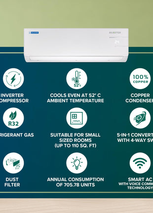 Blue Star 1 Ton 3 Star, 60 Months Warranty, Smart Inverter Split AC (Copper, Convertible 5 in 1 Cooling, Multi Sensors, Blue Fins, Self Diagnosis, ID312YNUS, White) 