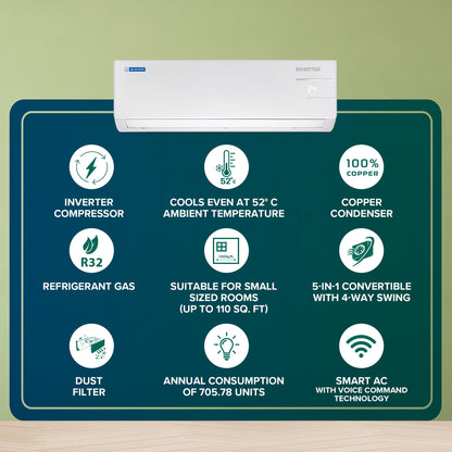 Blue Star 1 Ton 3 Star, 60 Months Warranty, Smart Inverter Split AC (Copper, Convertible 5 in 1 Cooling, Multi Sensors, Blue Fins, Self Diagnosis, ID312YNUS, White) 