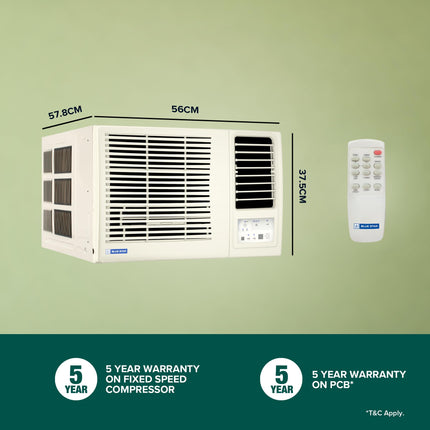 Blue Star 1 Ton 3 Star Fixed Speed Window AC (Copper, Turbo Cool, Fan Modes-Auto/High/Medium/Low, Hydrophilic Blue Fins, Dust Filters, Self-Diagnosis, WFD312L, White) 