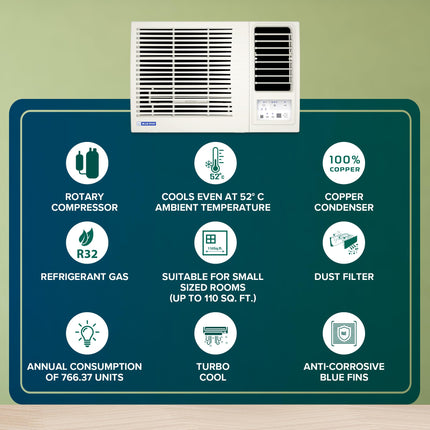 Blue Star 1 Ton 3 Star Fixed Speed Window AC (Copper, Turbo Cool, Fan Modes-Auto/High/Medium/Low, Hydrophilic Blue Fins, Dust Filters, Self-Diagnosis, WFD312L, White) 