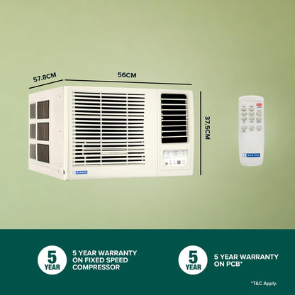 Blue Star 1 Ton 3 Star Fixed Speed Window AC (Copper, Turbo Cool, Fan Modes-Auto/High/Medium/Low, Hydrophilic Blue Fins, Dust Filters, Self-Diagnosis, WFD312L, White) 
