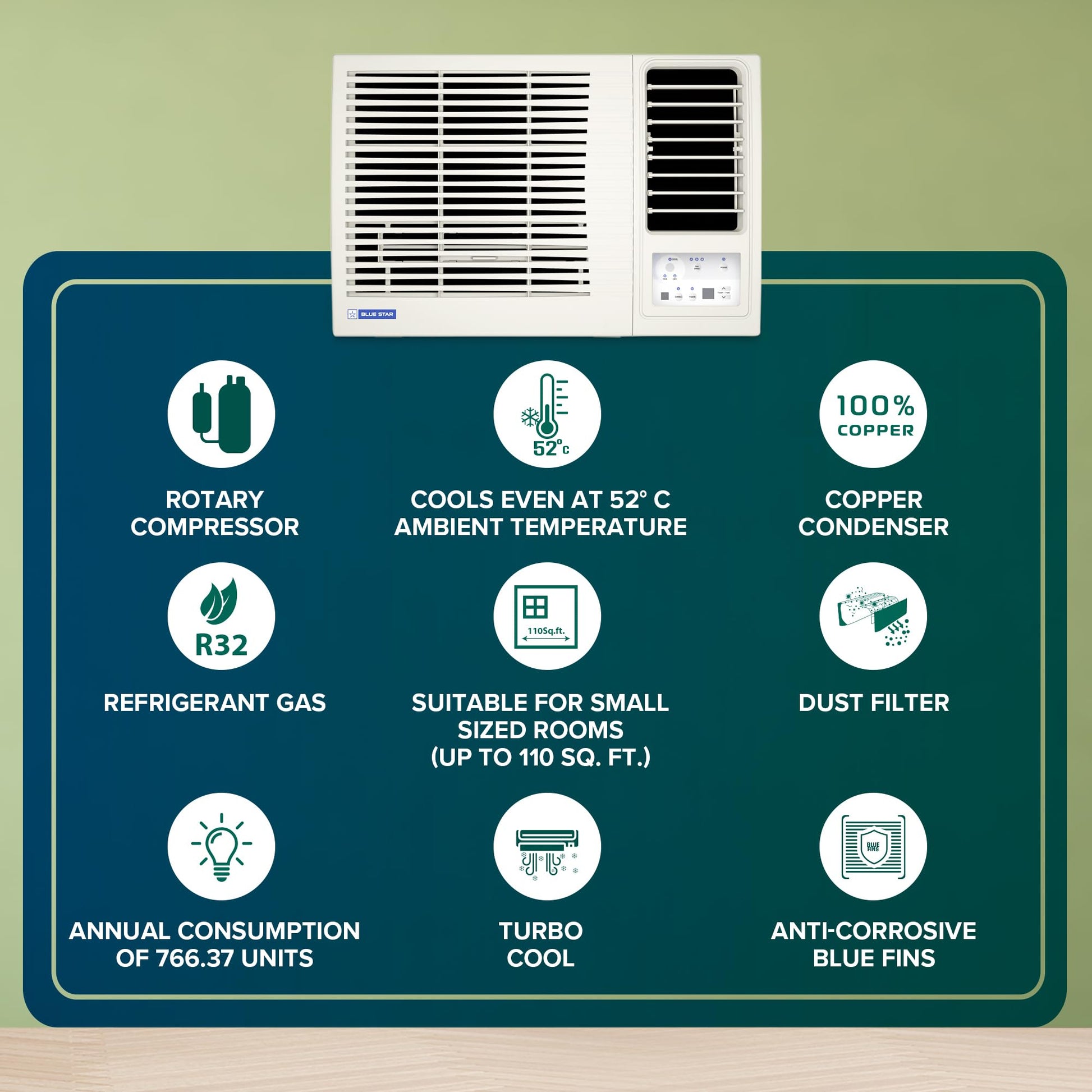 Blue Star 1 Ton 3 Star Fixed Speed Window AC (Copper, Turbo Cool, Fan Modes-Auto/High/Medium/Low, Hydrophilic Blue Fins, Dust Filters, Self-Diagnosis, WFD312L, White) 