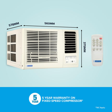 Blue Star 1 Ton 3 Star Fixed Speed Window AC (Copper, Turbo Cool, Fan Modes-Auto/High/Medium/Low, Hydrophilic Blue Fins, Dust Filters, Self-Diagnosis, WFE312L, White) 