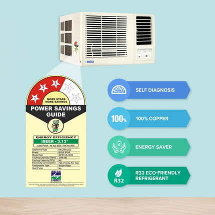 Blue Star 1 Ton 3 Star Fixed Speed Window AC (Copper, Turbo Cool, Fan Modes-Auto/High/Medium/Low, Hydrophilic Blue Fins, Dust Filters, Self-Diagnosis, WFE312L, White) 