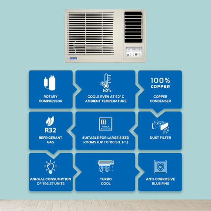 Blue Star 1 Ton 3 Star Fixed Speed Window AC (Copper, Turbo Cool, Fan Modes-Auto/High/Medium/Low, Hydrophilic Blue Fins, Dust Filters, Self-Diagnosis, WFE312L, White) 