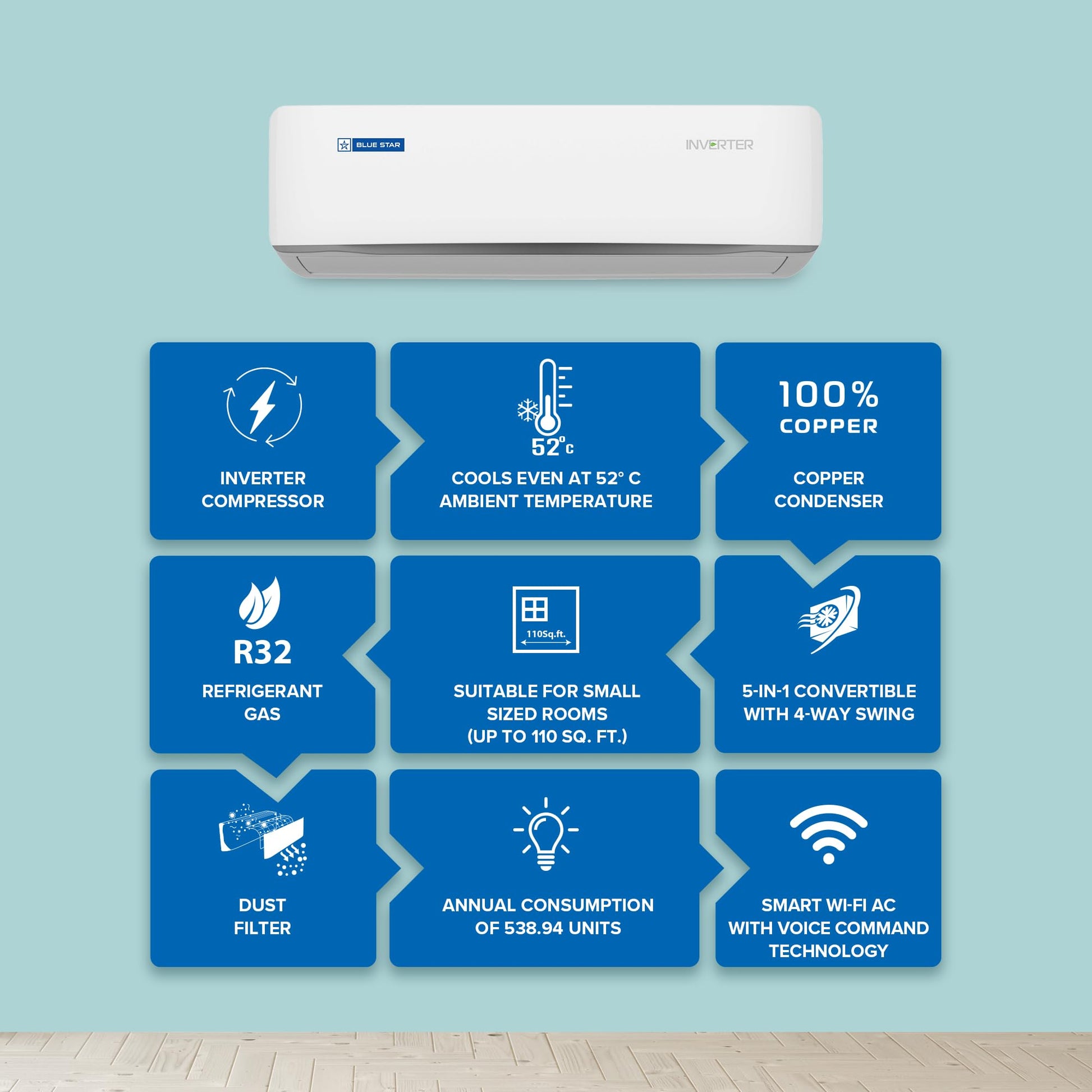 Blue Star 1 Ton 5 Star, 60 Months Warranty, Wi-Fi Smart Inverter Split AC (Copper,Convertible 5 in 1 Cooling, AI Pro, Voice Command, DigiQ Hepta Sensors, 4 Way Swing, 2025 Model, ID512ZNURS, White) 