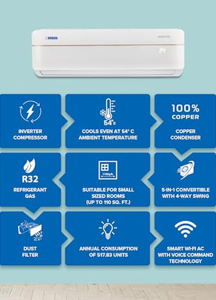 Blue Star 1 Ton 5 Star Wi-Fi Inverter Smart Split AC (Copper Condenser, 5 in 1 Convertible, AI Pro, Voice Command, 4 Way Swing, Anti Microbial Filter, IC512VNURS, White) 
