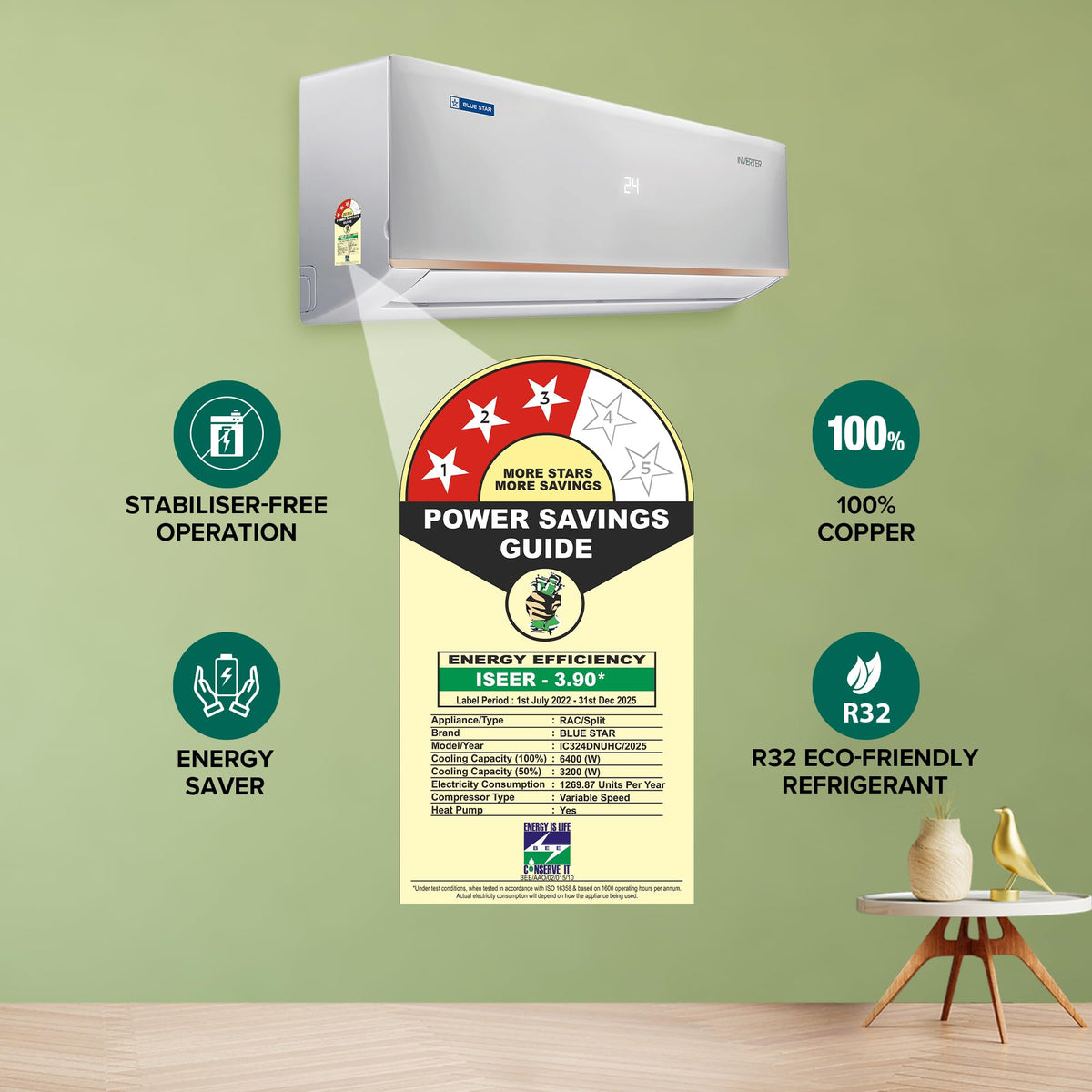 Blue Star 2 Ton 3 Star Hot and Cold Inverter Split AC (Copper, Convertible 5 in 1 Cooling, 4 Way Swing, Multi Sensors, Dust Filter, Blue Fins, Self Diagnosis, IC324DNUHC, White) 