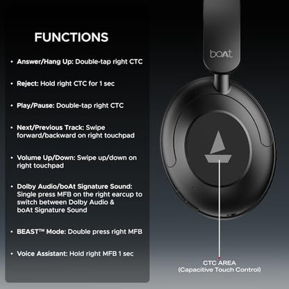 Boat New Launch Rockerz 650 Pro, Touch/Swipe Controls, Dolby Audio, 80Hrs Battery, 2Mics ENx, Fast Charge, App Support, Dual Pair, Bluetooth Over Ear Headphones with Mic (Iris Black) 