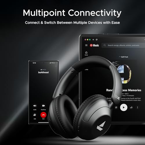 Boat New Launch Rockerz 650 Pro, Touch/Swipe Controls, Dolby Audio, 80Hrs Battery, 2Mics ENx, Fast Charge, App Support, Dual Pair, Bluetooth Over Ear Headphones with Mic (Iris Black) 