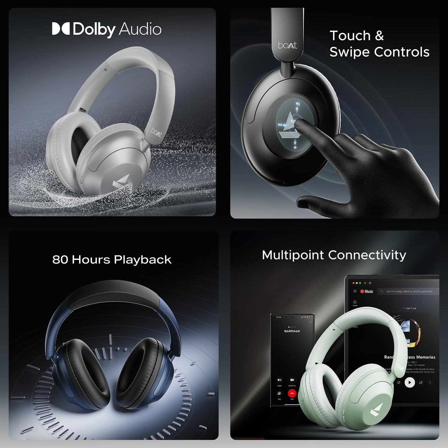 Boat New Launch Rockerz 650 Pro, Touch/Swipe Controls, Dolby Audio, 80Hrs Battery, 2Mics ENx, Fast Charge, App Support, Dual Pair, Bluetooth Over Ear Headphones with Mic (Iris Black) 