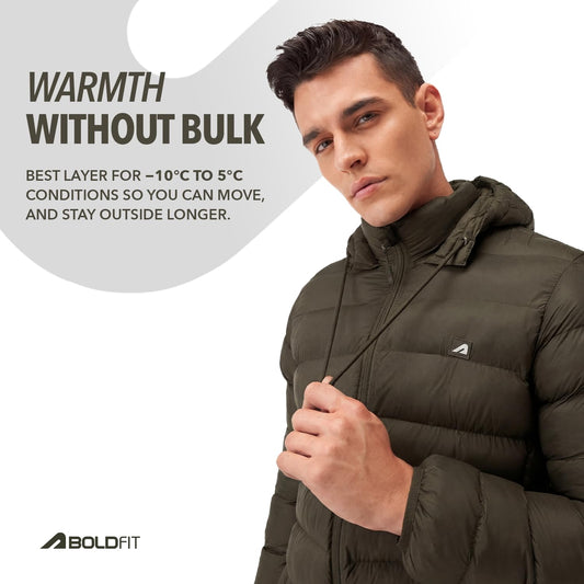Boldfit Olive Puffer Jacket For Men Hooded Insulated Winter Jacket Size M 