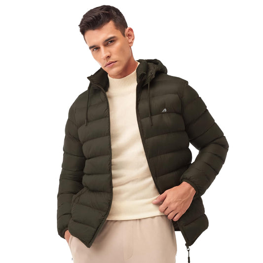 Boldfit Olive Puffer Jacket For Men Hooded Insulated Winter Jacket Size M 